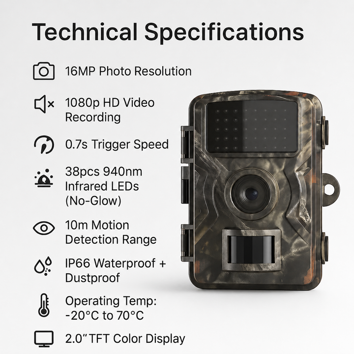 Outdoor Wildlife Trail Camera with Night Vision – 16MP 1080P Motion Activated Camera with IP66 Weatherproof Protection