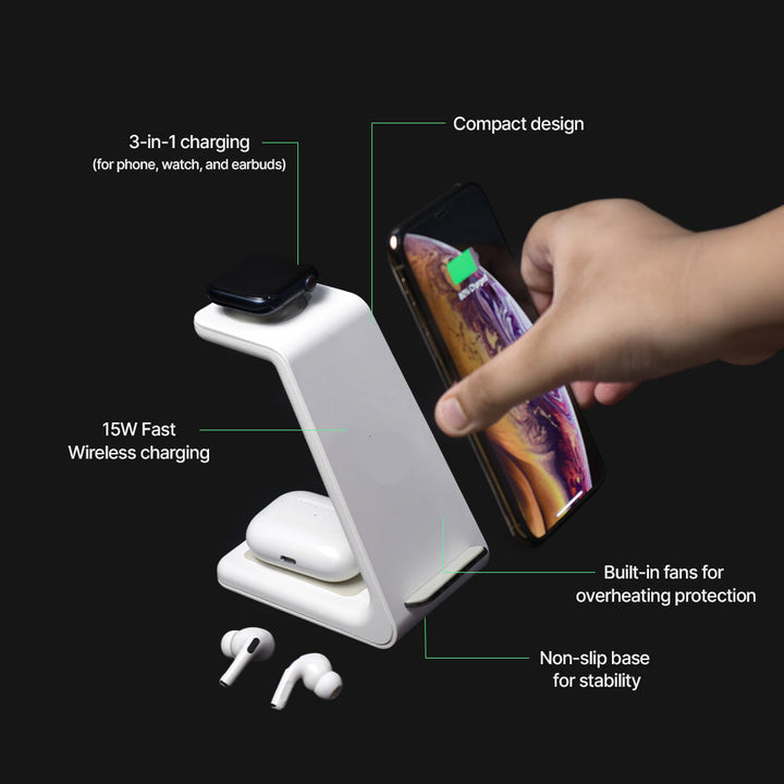 3-in-1 Wireless Charging Station – 15W Fast Charging Dock for Smartphone, Smartwatch and Earbuds