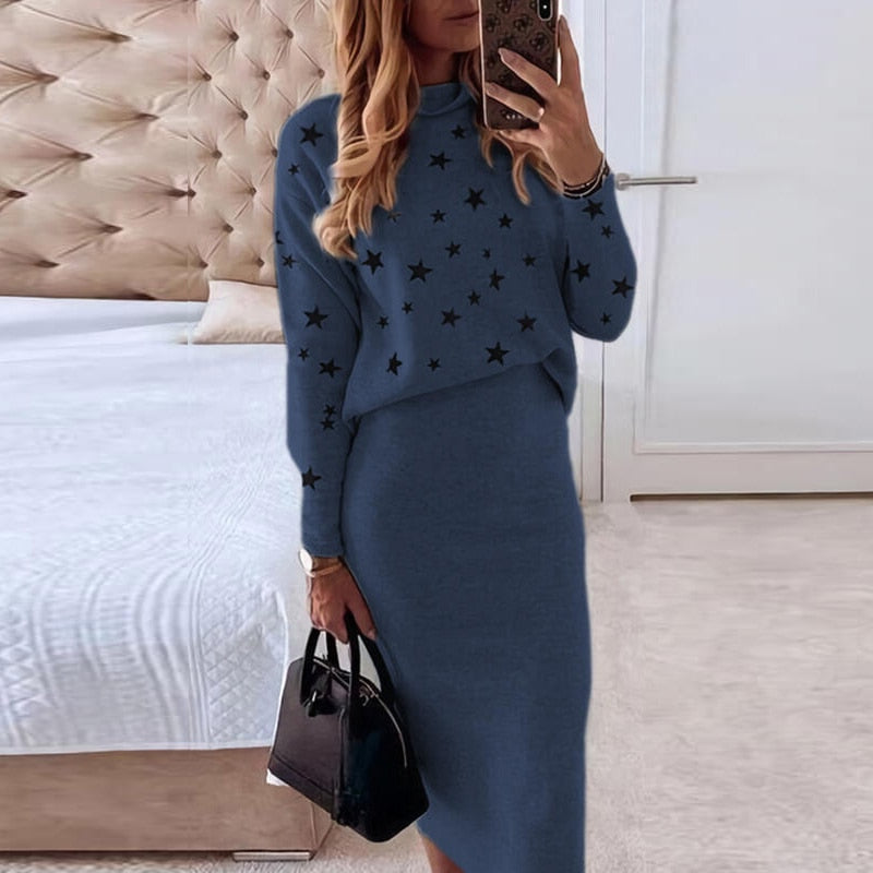 Bethan | Women's Star Print Jumper and Midi Skirt Set