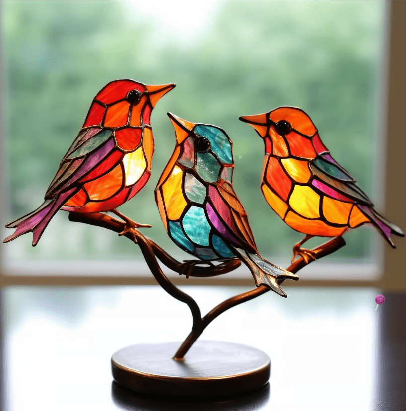 Colourful Bird Ornament – Decorative Hanging Bird Sculpture with Metal Base for Home and Garden