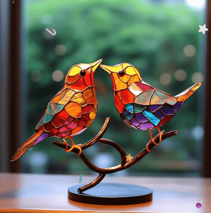 Colourful Bird Ornament – Decorative Hanging Bird Sculpture with Metal Base for Home and Garden