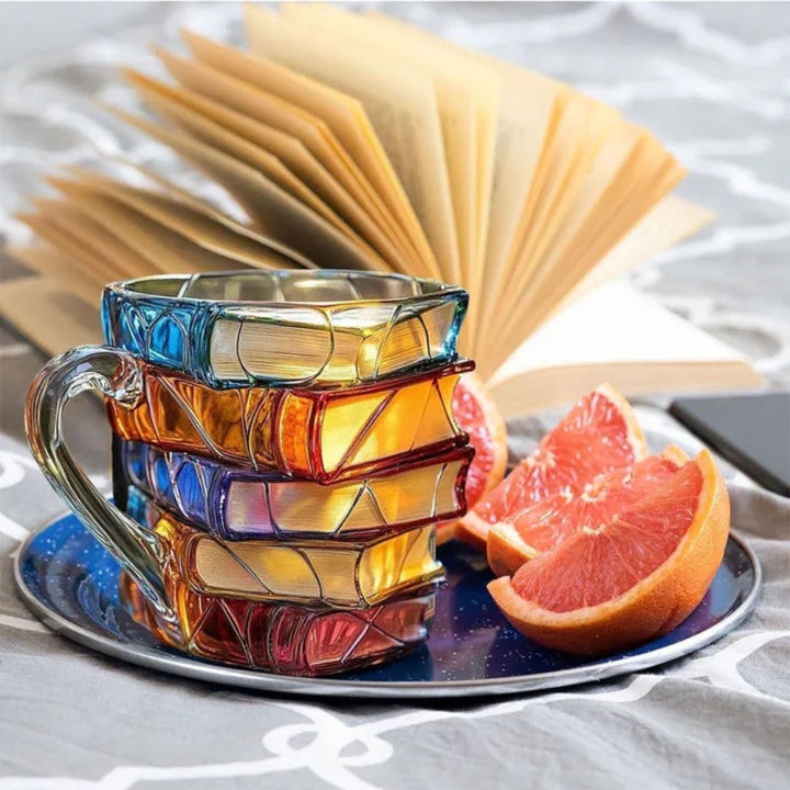 350ml Glass Coffee Mug with 3D Stacked Books Design – Handmade Clear Glass Tea Cup with Handle for Book Lovers
