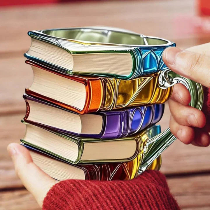350ml Glass Coffee Mug with 3D Stacked Books Design – Handmade Clear Glass Tea Cup with Handle for Book Lovers