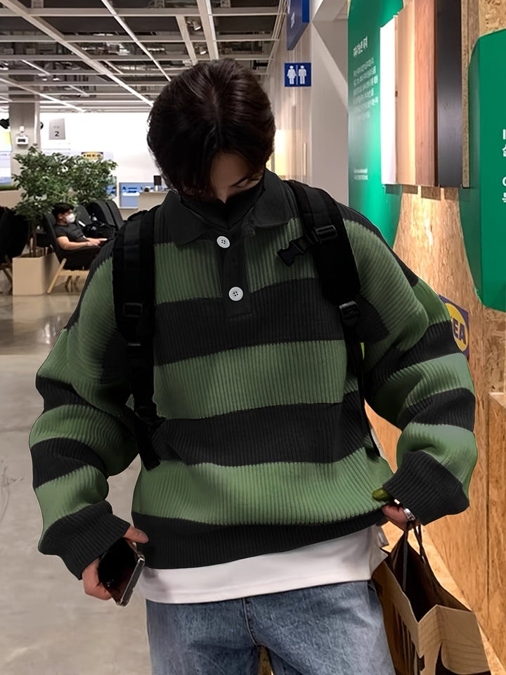 Astra | Women's Oversized Striped Chunky Knit Polo Collar Jumper