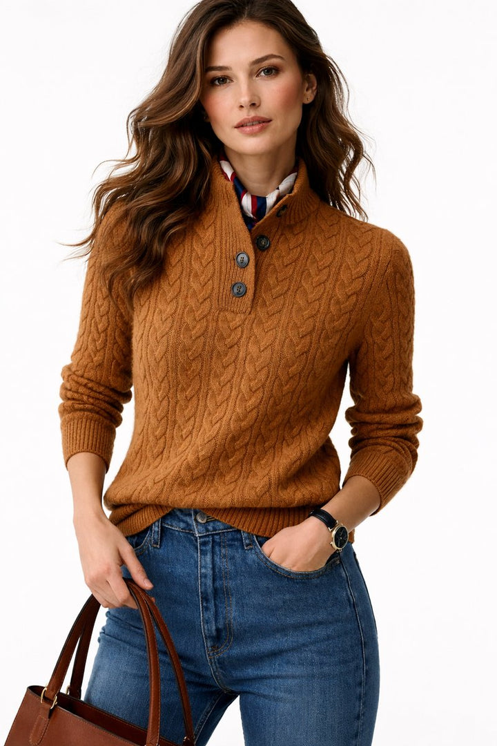 Clodagh | Women's Wool-Blend Cable Knit Button Neck Jumper