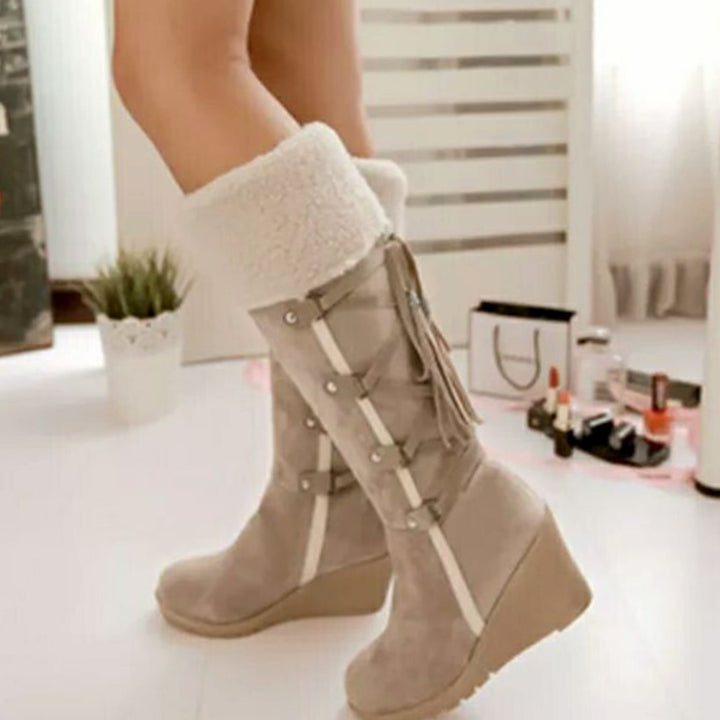 Avelora | Women's Faux Fur Cuff Lace-Up Wedge Winter Boots
