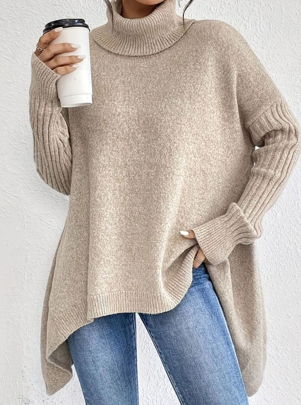 Solara | Women's Oversized Roll Neck Jumper with Asymmetric Hem
