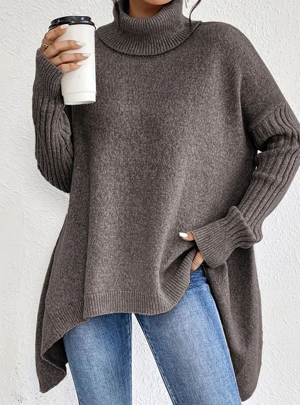 Solara | Women's Oversized Roll Neck Jumper with Asymmetric Hem