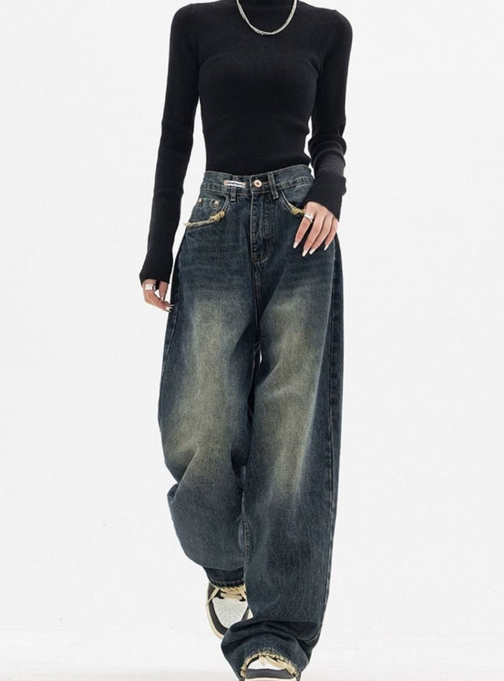 Nerina | Women's High-Waisted Wide Leg Washed Denim Jeans