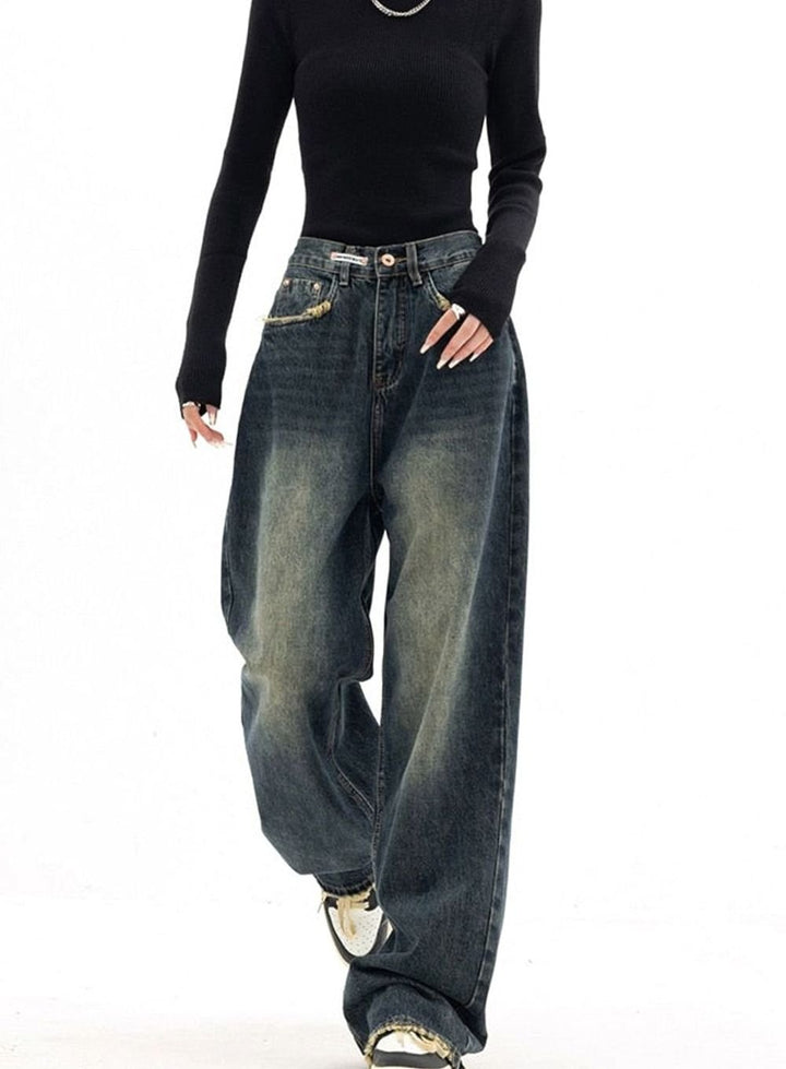 Nerina | Women's High-Waisted Wide Leg Washed Denim Jeans