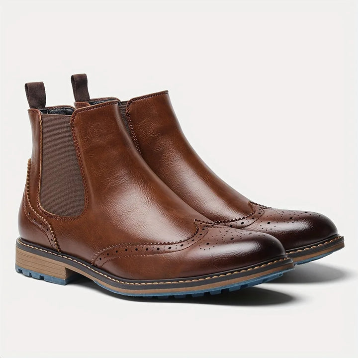 Ferdie | Men's Brogue Chelsea Ankle Boots with Low Block Heel