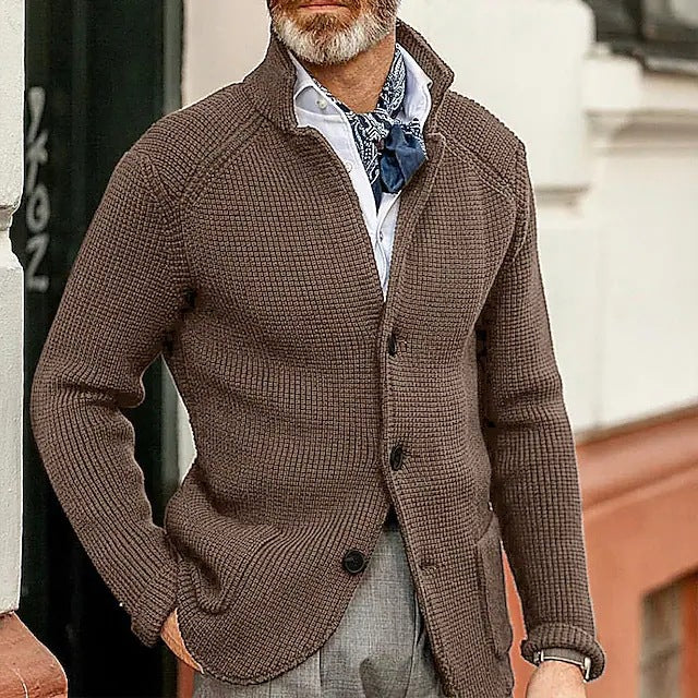 Asher | Men's Waffle Knit Button-Up Cardigan with Stand Collar