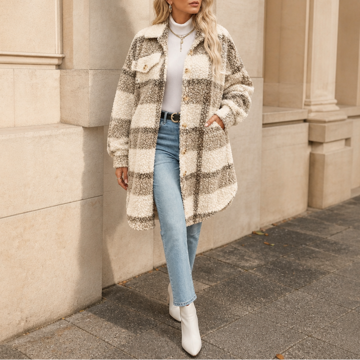 Aderyn | Women's Checked Sherpa Mid-Length Shacket Coat