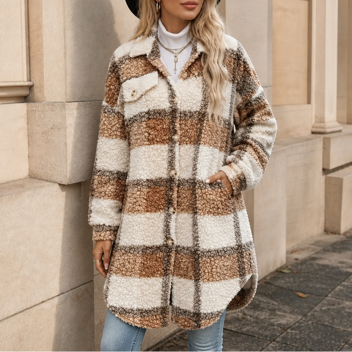 Aderyn | Women's Checked Sherpa Mid-Length Shacket Coat