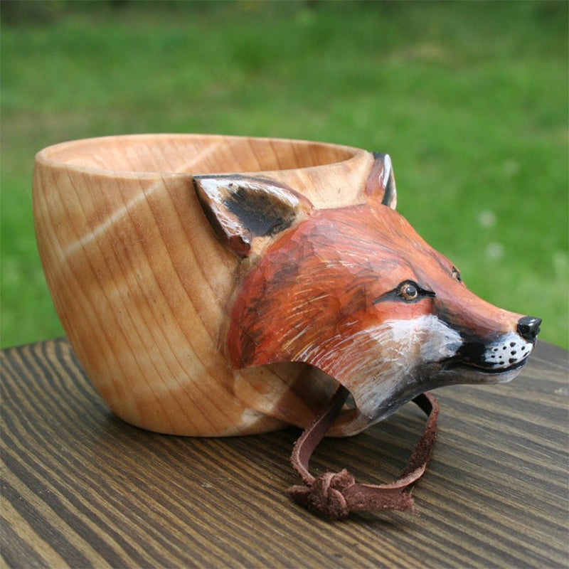 Handcrafted Wooden Drinking Cup – Rustic Camping Mug with Leather Hanging Strap