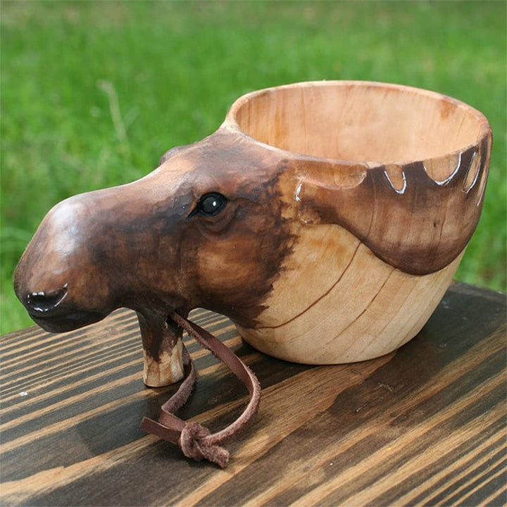 Handcrafted Wooden Drinking Cup – Rustic Camping Mug with Leather Hanging Strap