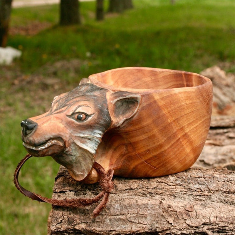 Handcrafted Wooden Drinking Cup – Rustic Camping Mug with Leather Hanging Strap