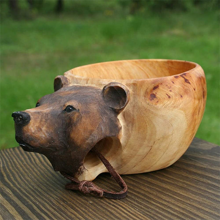 Handcrafted Wooden Drinking Cup – Rustic Camping Mug with Leather Hanging Strap