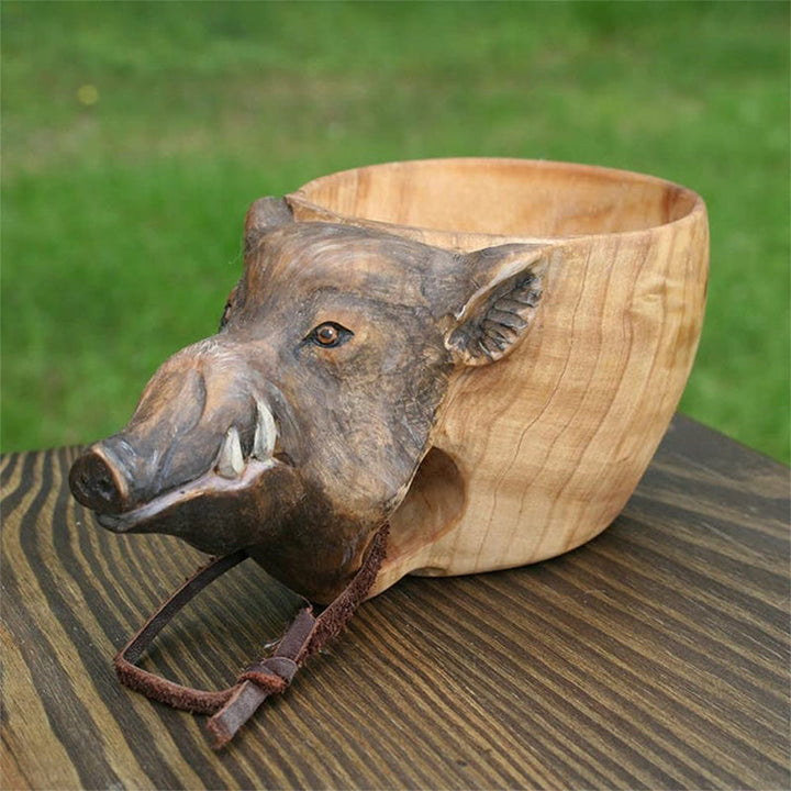 Handcrafted Wooden Drinking Cup – Rustic Camping Mug with Leather Hanging Strap