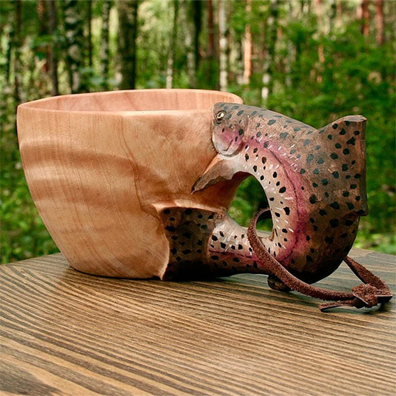Handcrafted Wooden Drinking Cup – Rustic Camping Mug with Leather Hanging Strap