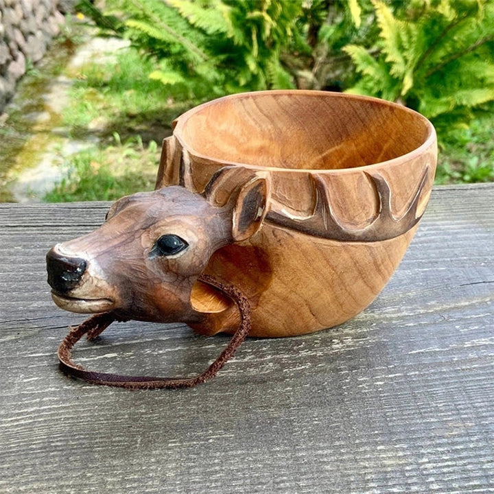 Handcrafted Wooden Drinking Cup – Rustic Camping Mug with Leather Hanging Strap