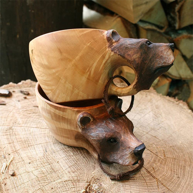 Handcrafted Wooden Drinking Cup – Rustic Camping Mug with Leather Hanging Strap