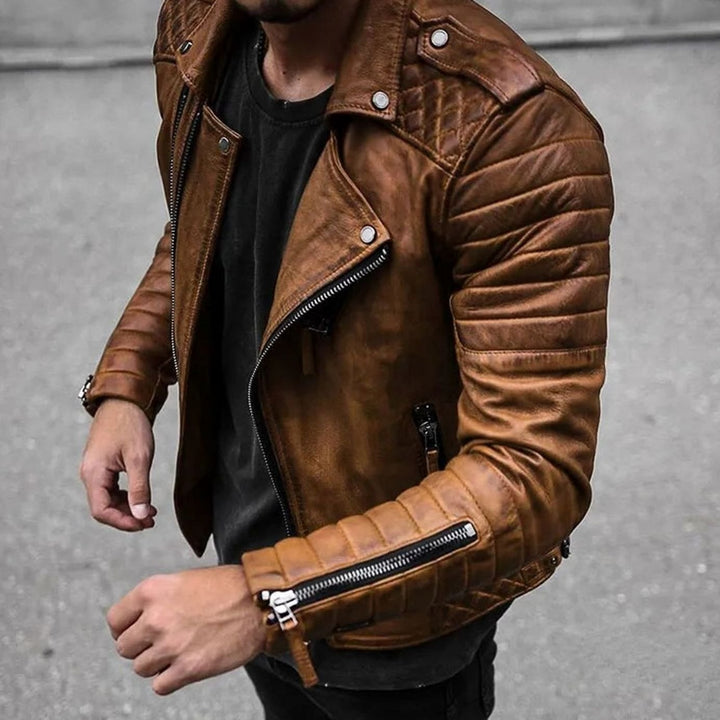Wade | Men's Slim Fit Leather Biker Jacket with Zip Cuffs