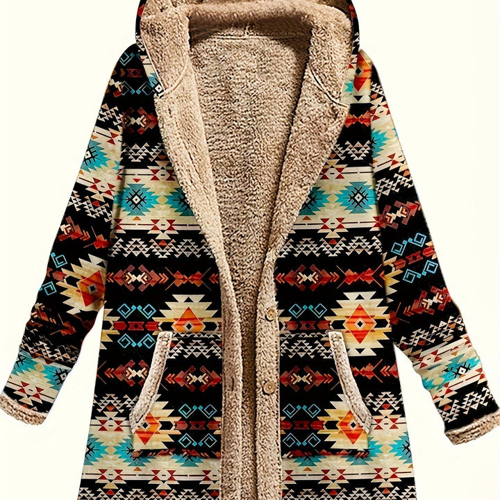 Rhoswen | Women's Aztec Print Fleece-Lined Hooded Winter Coat