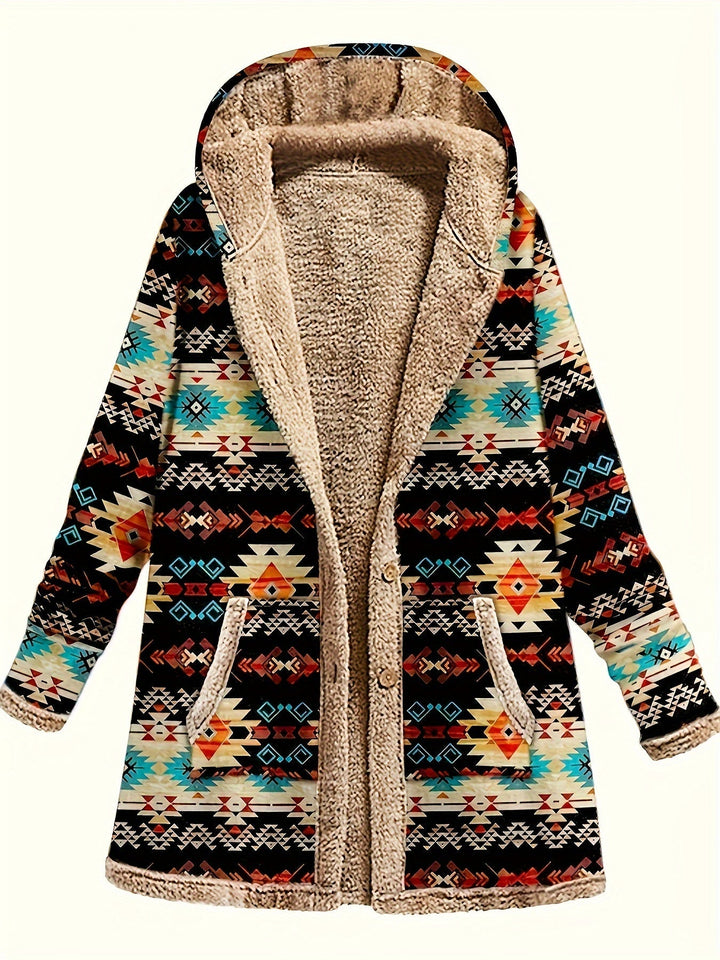 Rhoswen | Women's Aztec Print Fleece-Lined Hooded Winter Coat