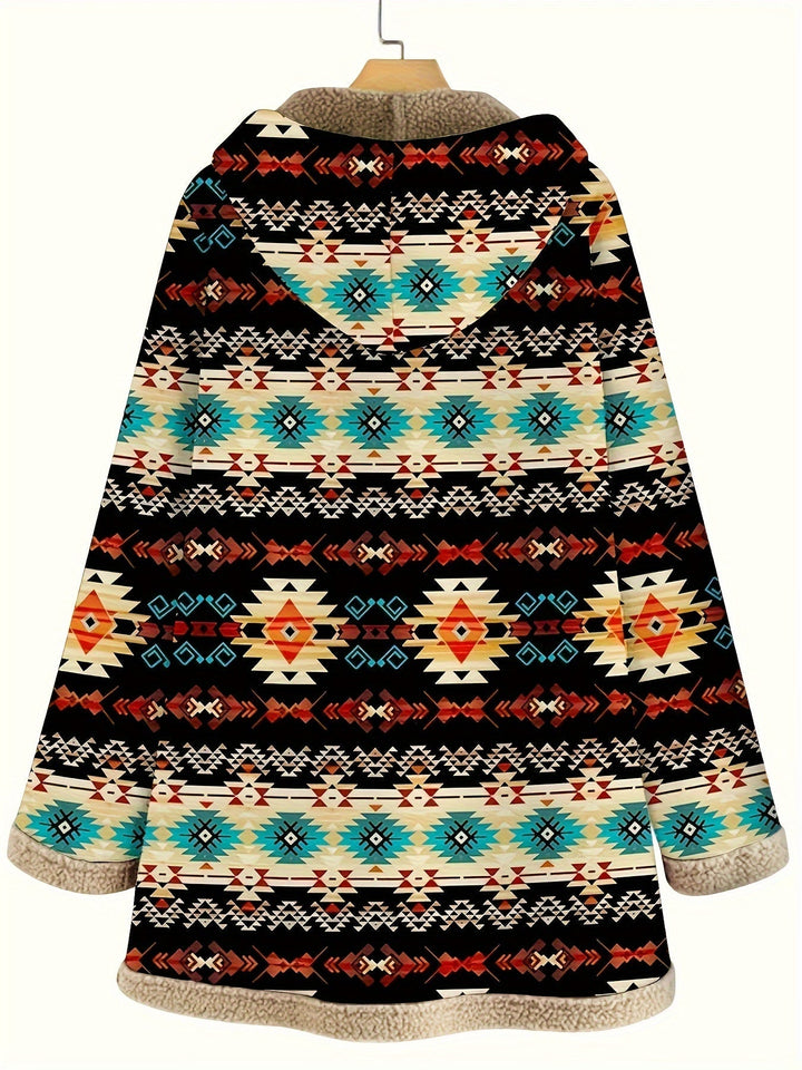 Rhoswen | Women's Aztec Print Fleece-Lined Hooded Winter Coat