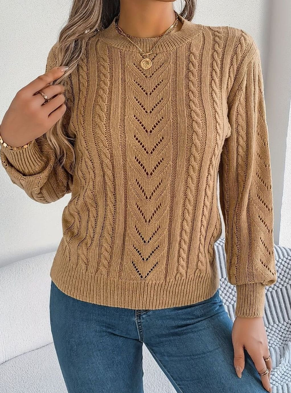 Ismay | Women's Cable Knit Openwork Crew Neck Jumper