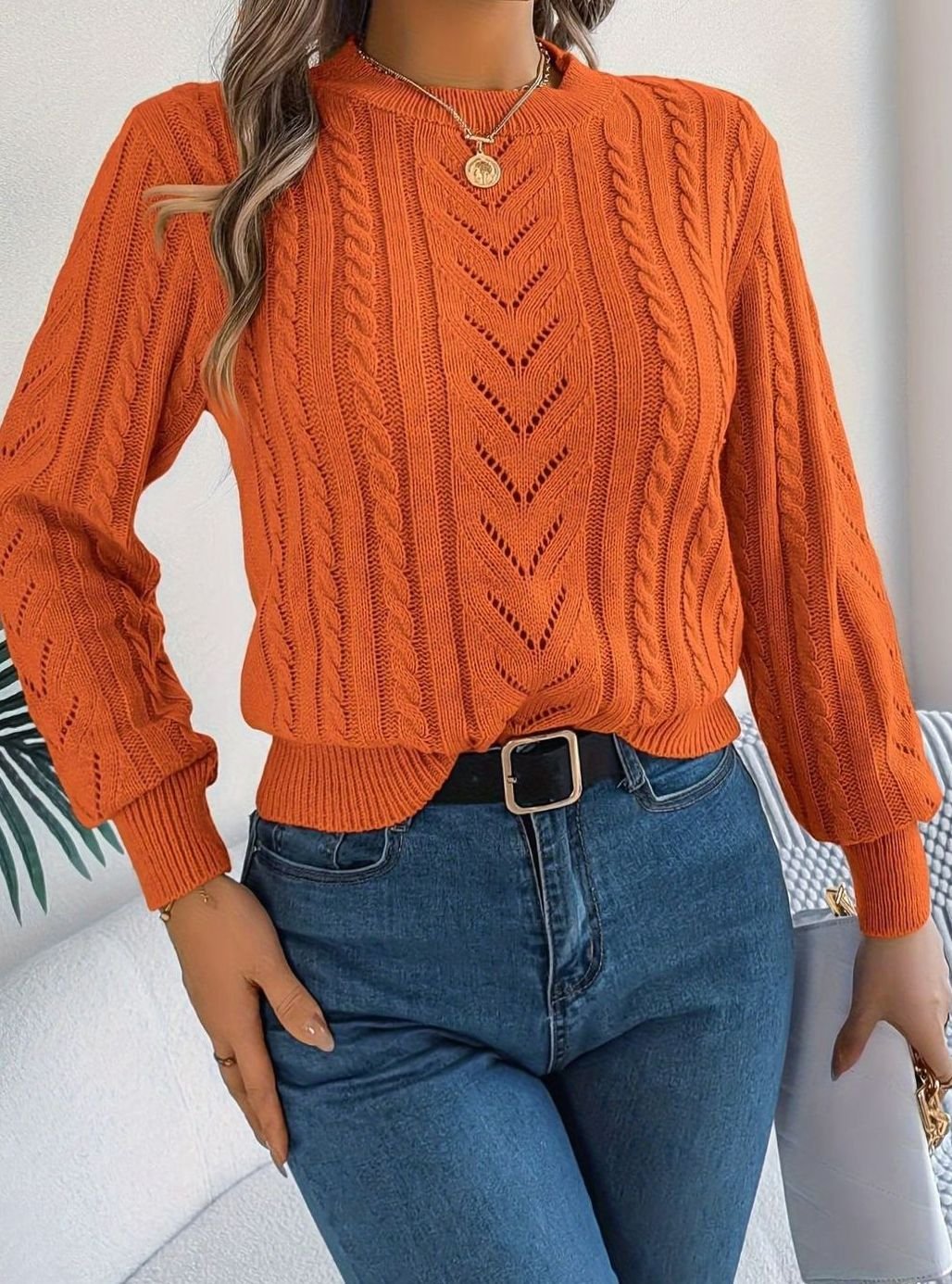 Ismay | Women's Cable Knit Openwork Crew Neck Jumper