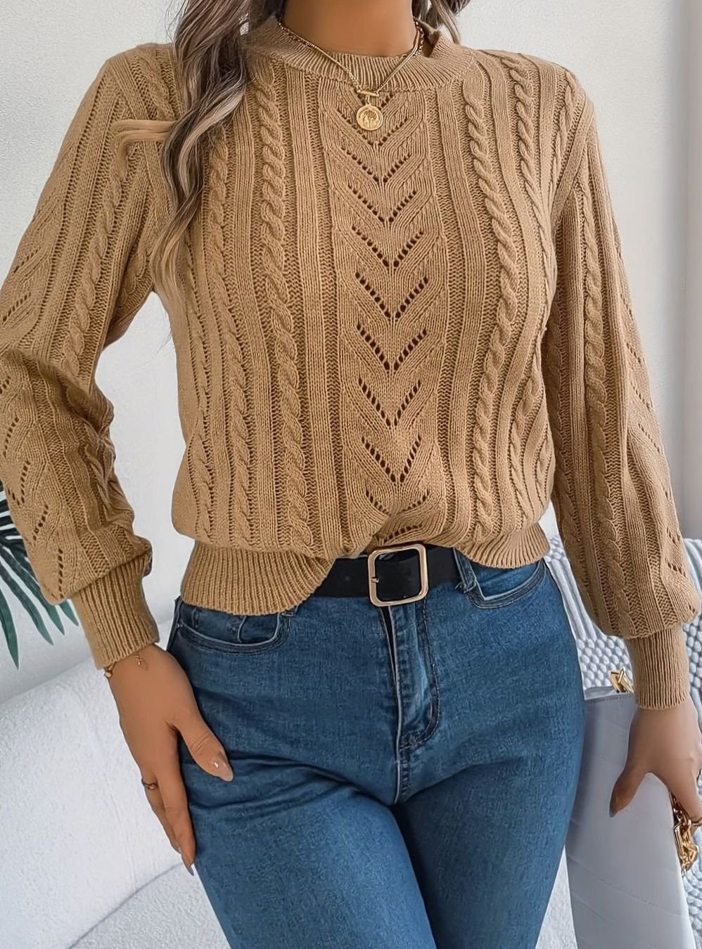 Ismay | Women's Cable Knit Openwork Crew Neck Jumper