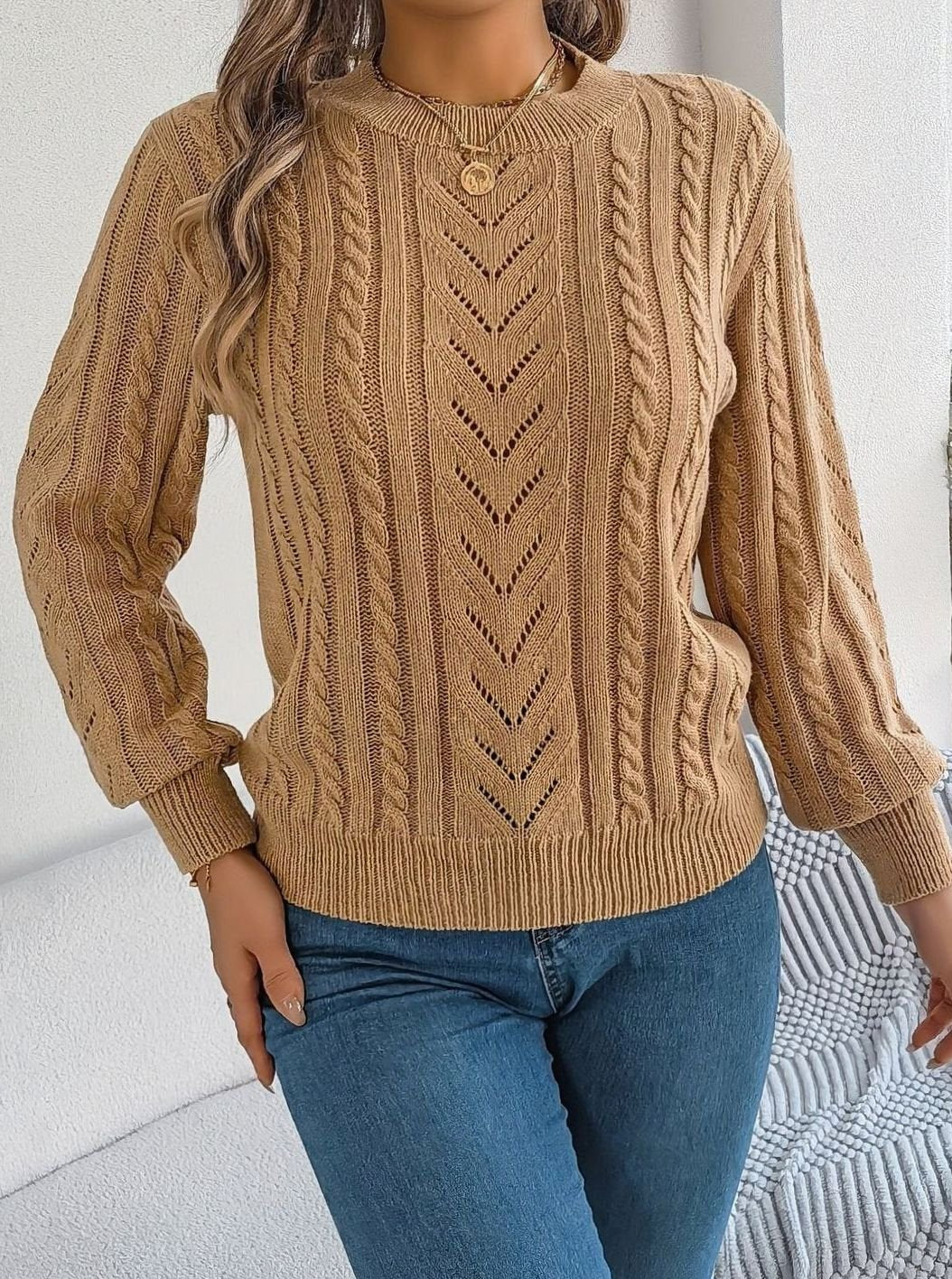 Ismay | Women's Cable Knit Openwork Crew Neck Jumper