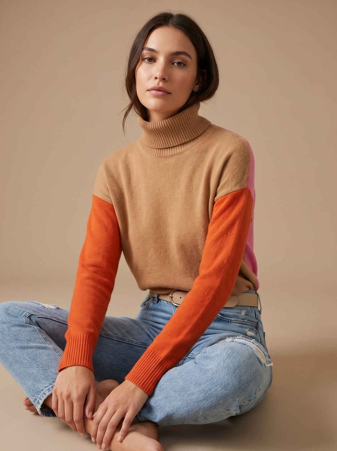 Cerys | Women's Colour Block Roll Neck Relaxed Fit Jumper