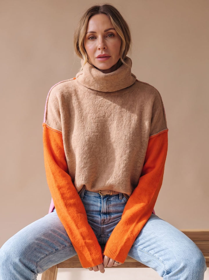 Cerys | Women's Colour Block Roll Neck Relaxed Fit Jumper