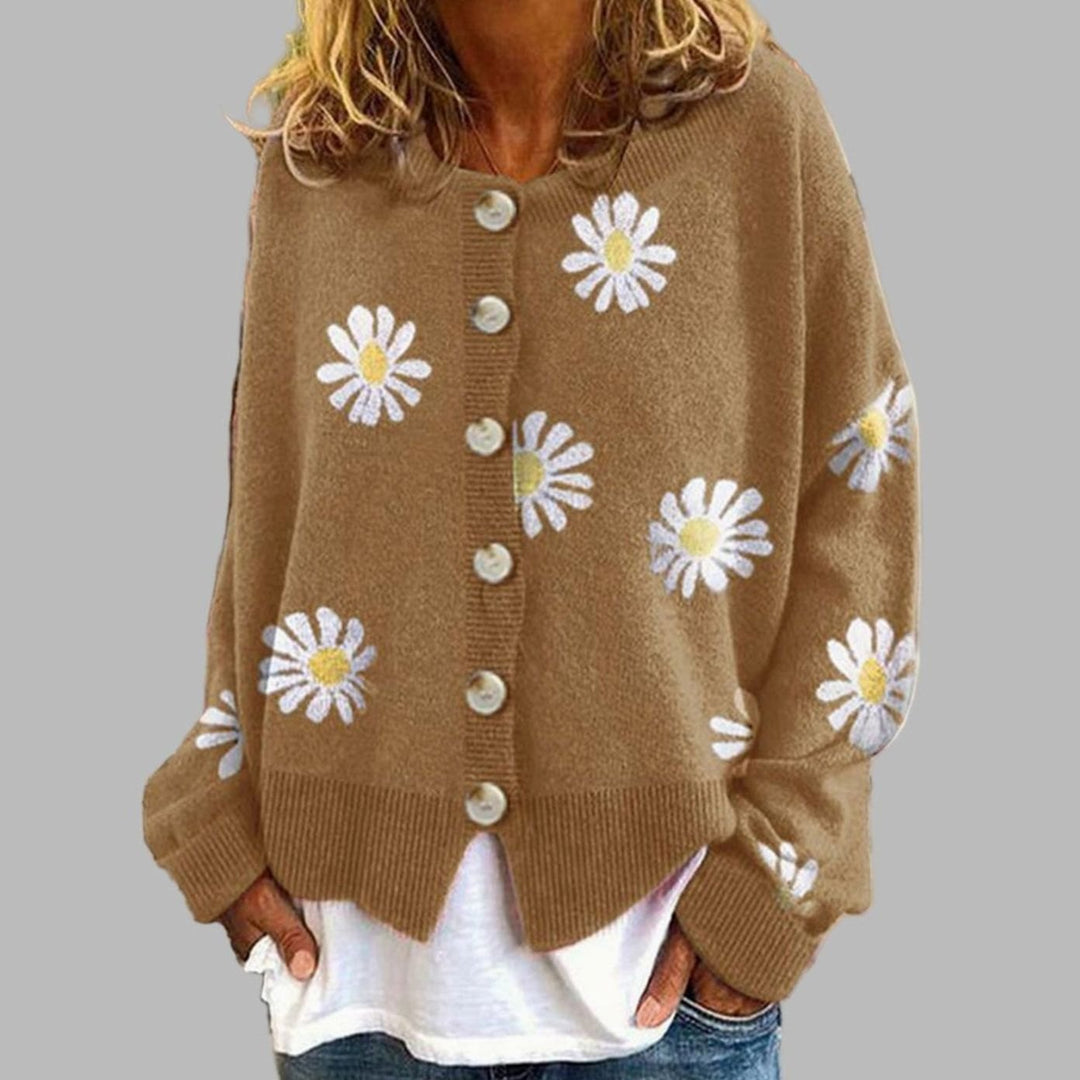Elara | Women's Daisy Embroidered Button-Up Knit Cardigan