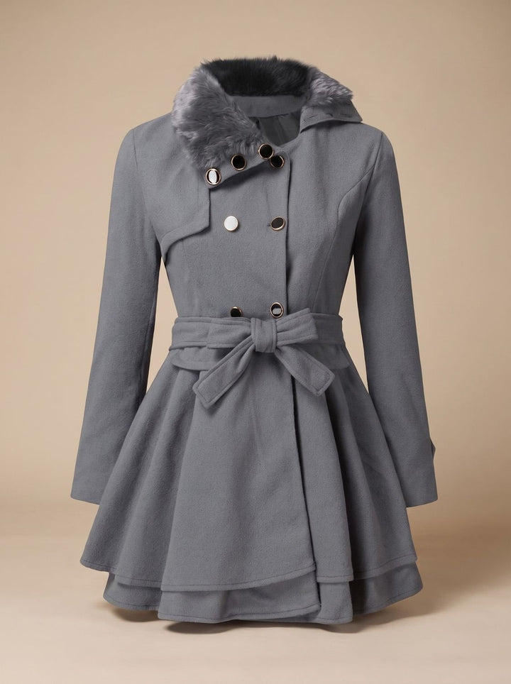 Mireya | Women's Belted Double-Breasted Wool-Blend Coat with Faux Fur Collar