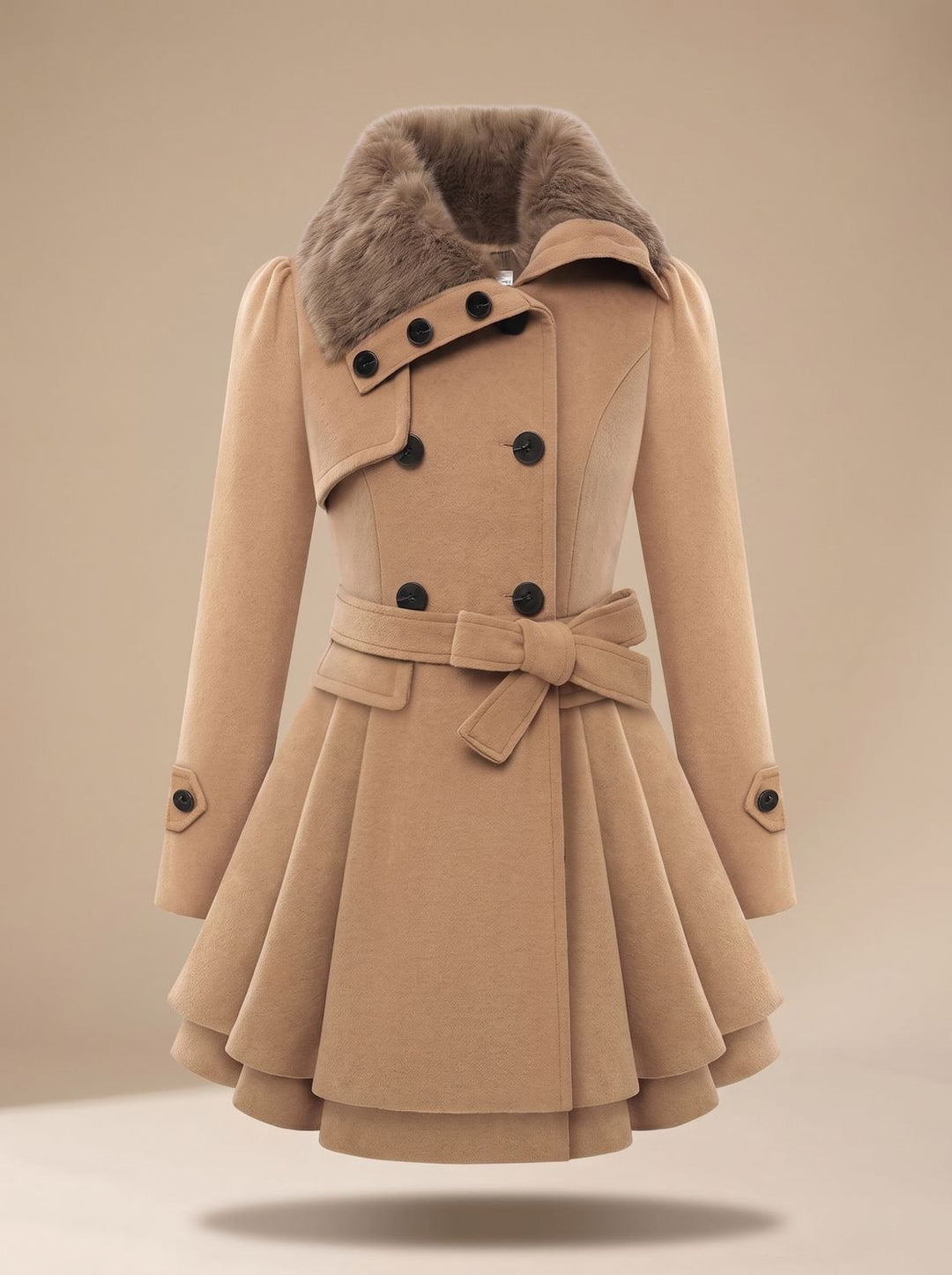 Mireya | Women's Belted Double-Breasted Wool-Blend Coat with Faux Fur Collar