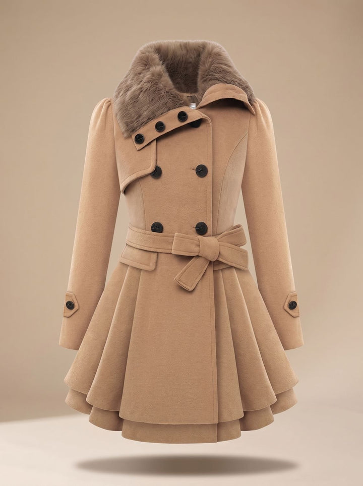 Mireya | Women's Belted Double-Breasted Wool-Blend Coat with Faux Fur Collar