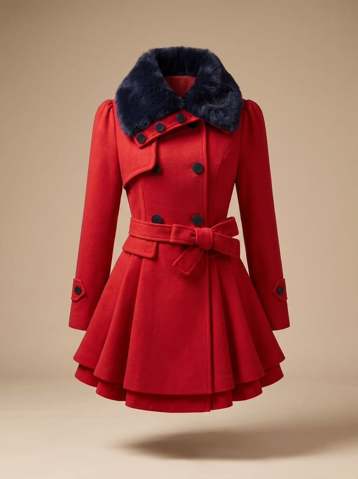 Mireya | Women's Belted Double-Breasted Wool-Blend Coat with Faux Fur Collar