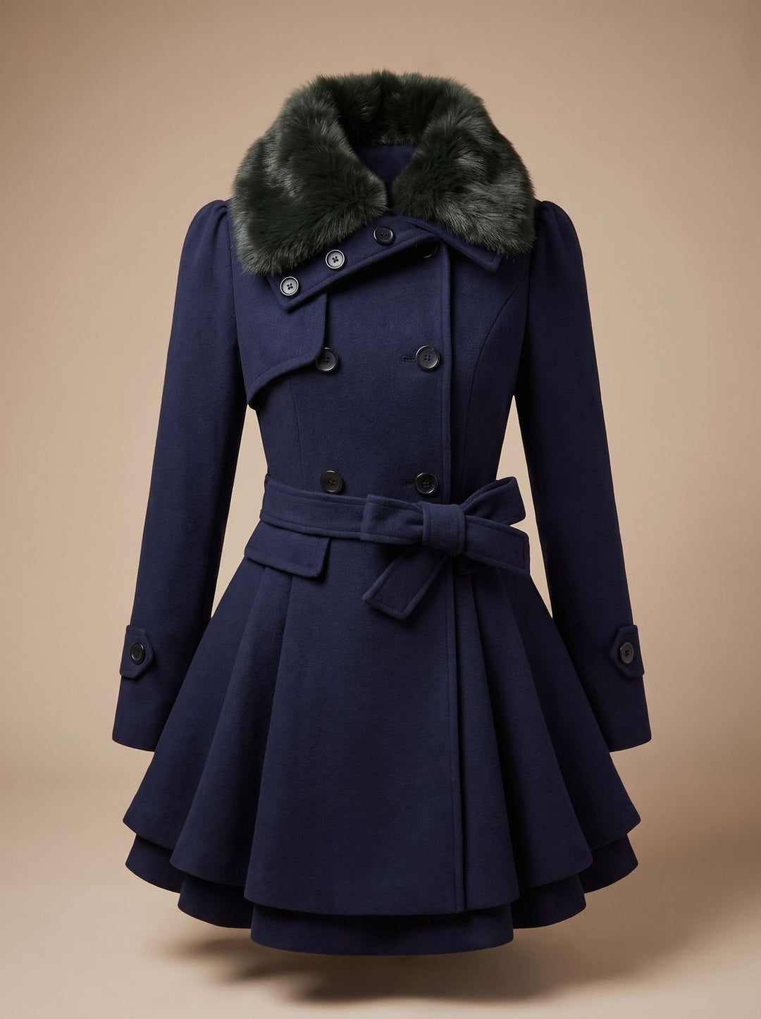 Mireya | Women's Belted Double-Breasted Wool-Blend Coat with Faux Fur Collar