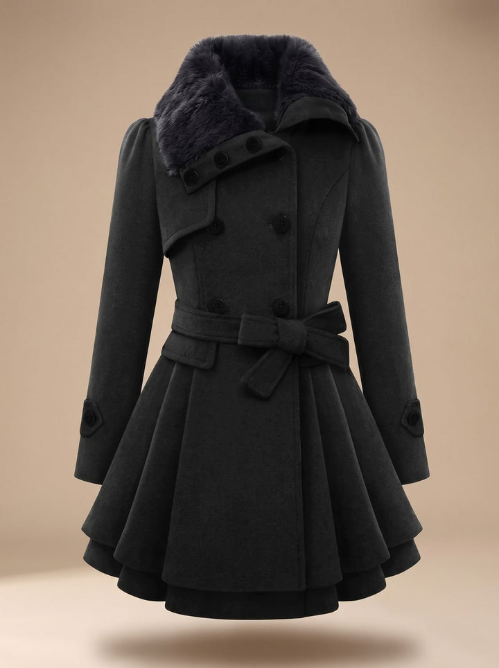 Mireya | Women's Belted Double-Breasted Wool-Blend Coat with Faux Fur Collar