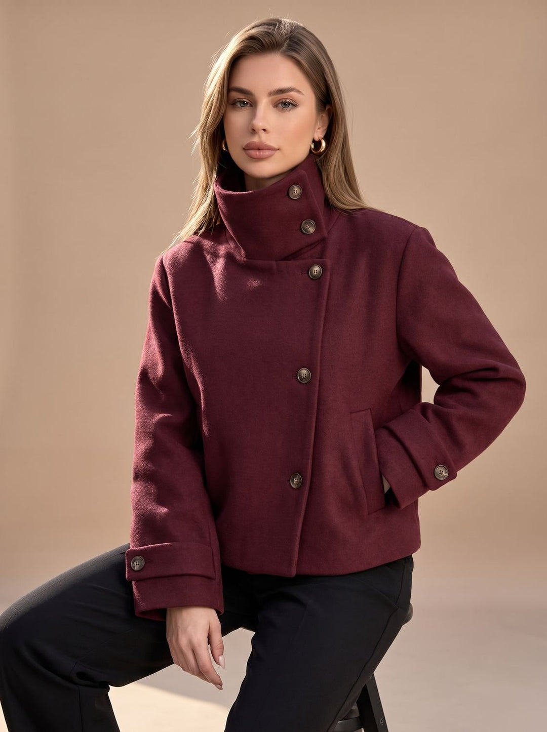 Linnet | Women's Short Wool-Blend Stand Collar Button-Up Coat