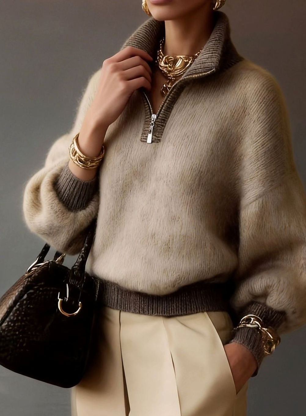 Eirwen | Women's Relaxed Fuzzy Knit Half-Zip Jumper