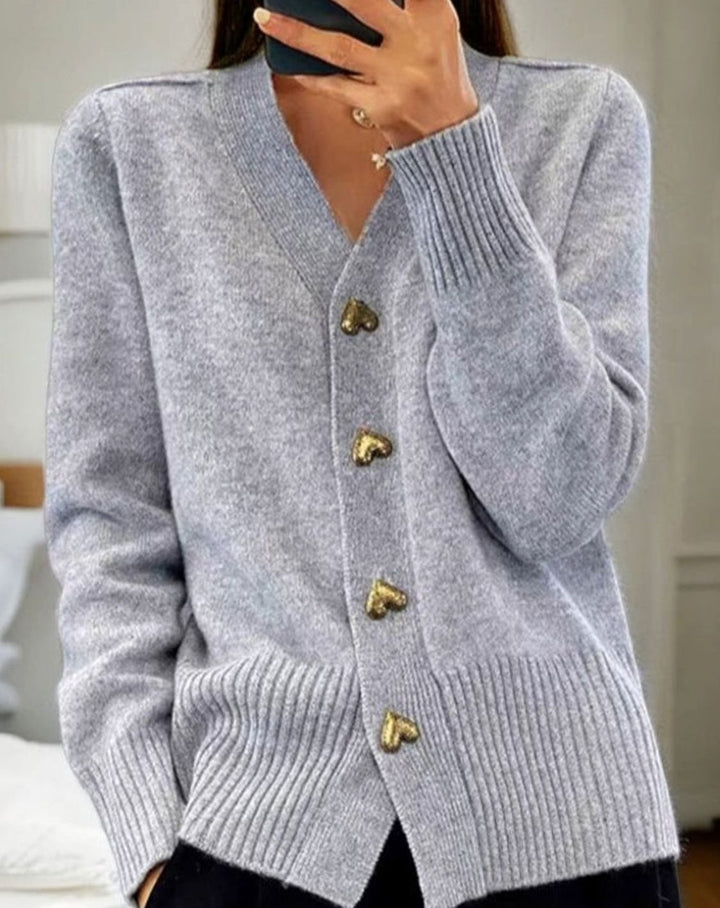 Arwen | Women's V-Neck Ribbed Knit Cardigan with Heart Buttons