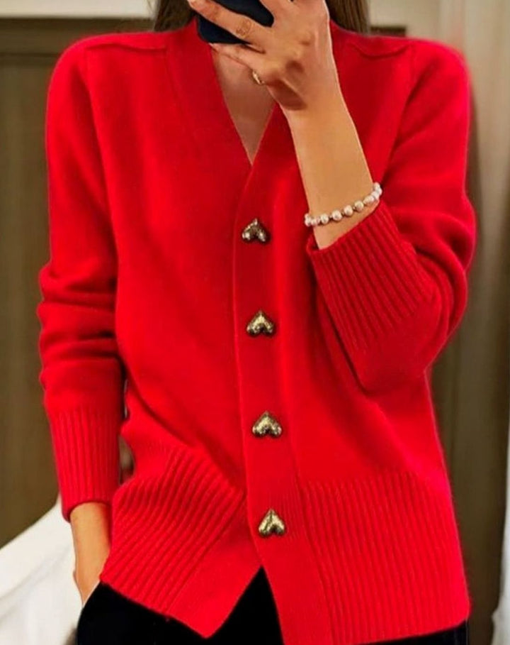 Arwen | Women's V-Neck Ribbed Knit Cardigan with Heart Buttons