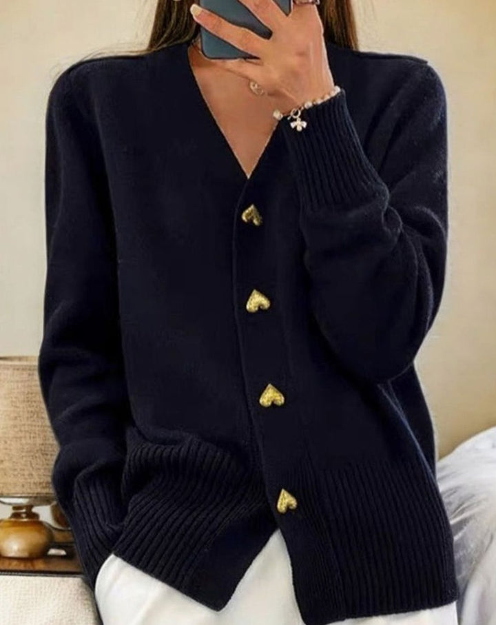 Arwen | Women's V-Neck Ribbed Knit Cardigan with Heart Buttons